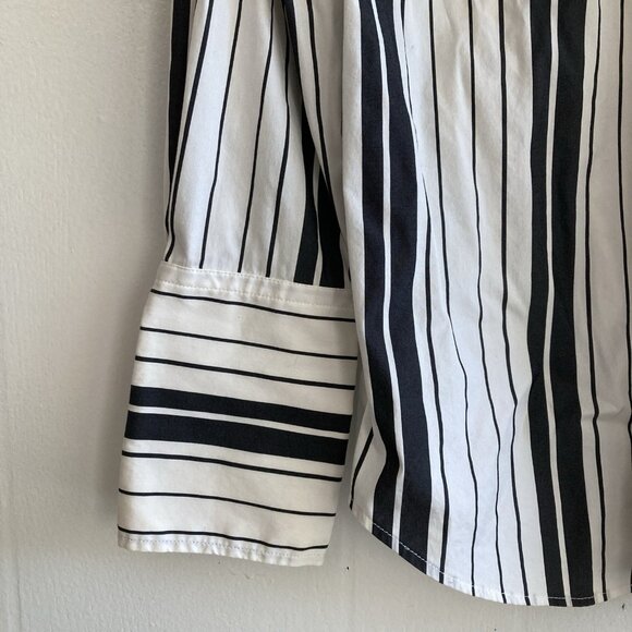 VTG Ann Taylor Blouse Ruffle High Neck Black White Striped Button-Up Blouse 38” - Picture 3 of 7